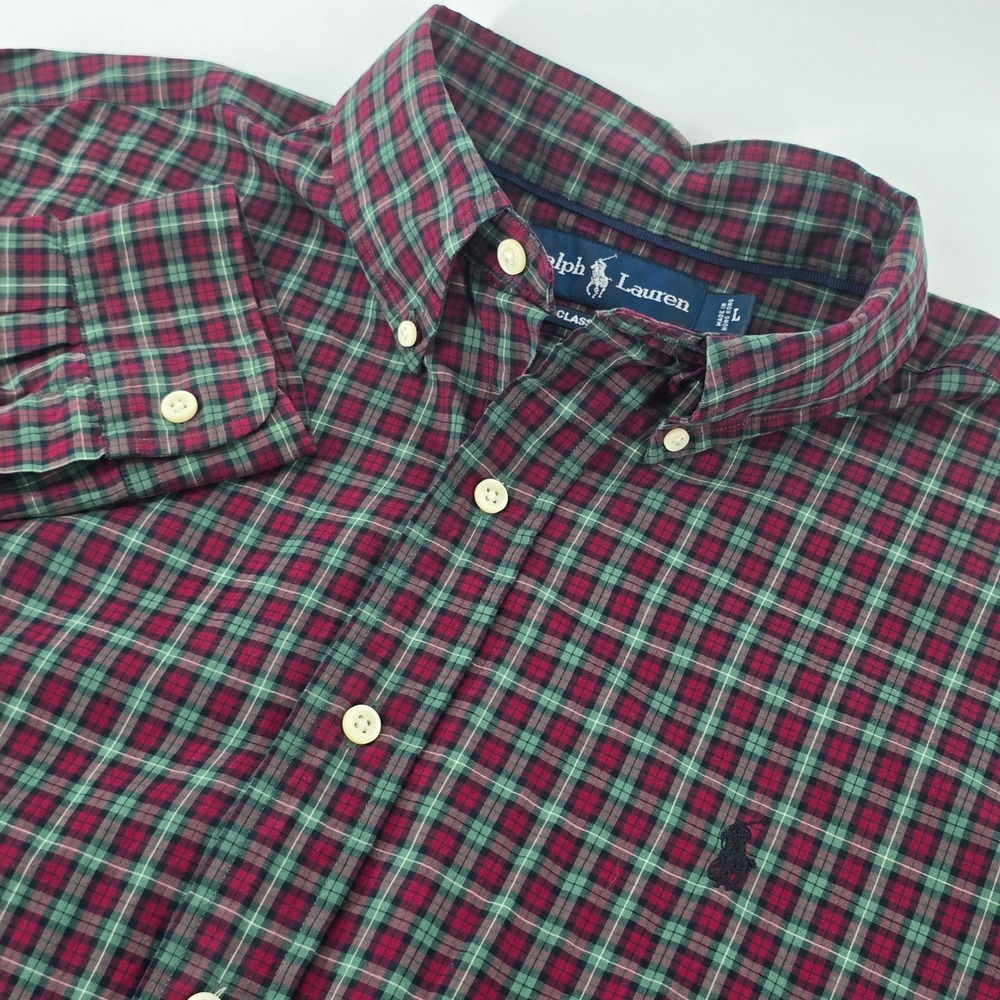 Polo Ralph Lauren Button Down Men L Red Green Plaid Classic Fit Long Sleeve